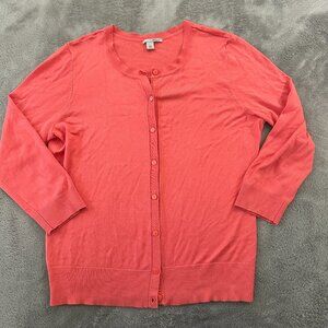 Halogen Coral Sweater Cardigan LARGE Button Up Crew Neck 3/4 Sleeves